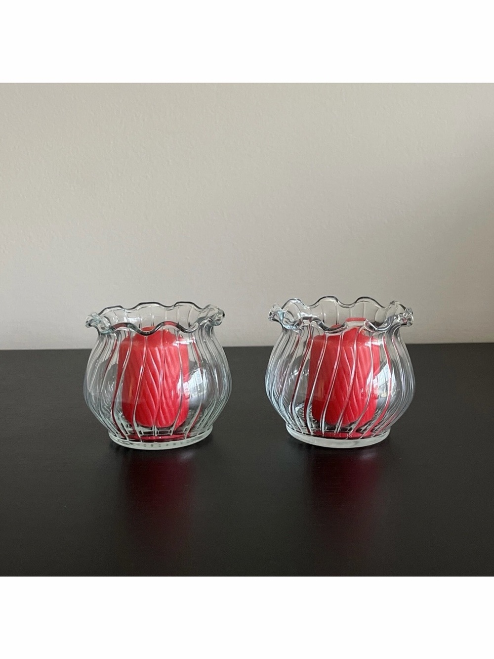 Vintage Glass Candle Holders Vases Tea Lights Red Votives Ribbed Ruffled MCM 2pc